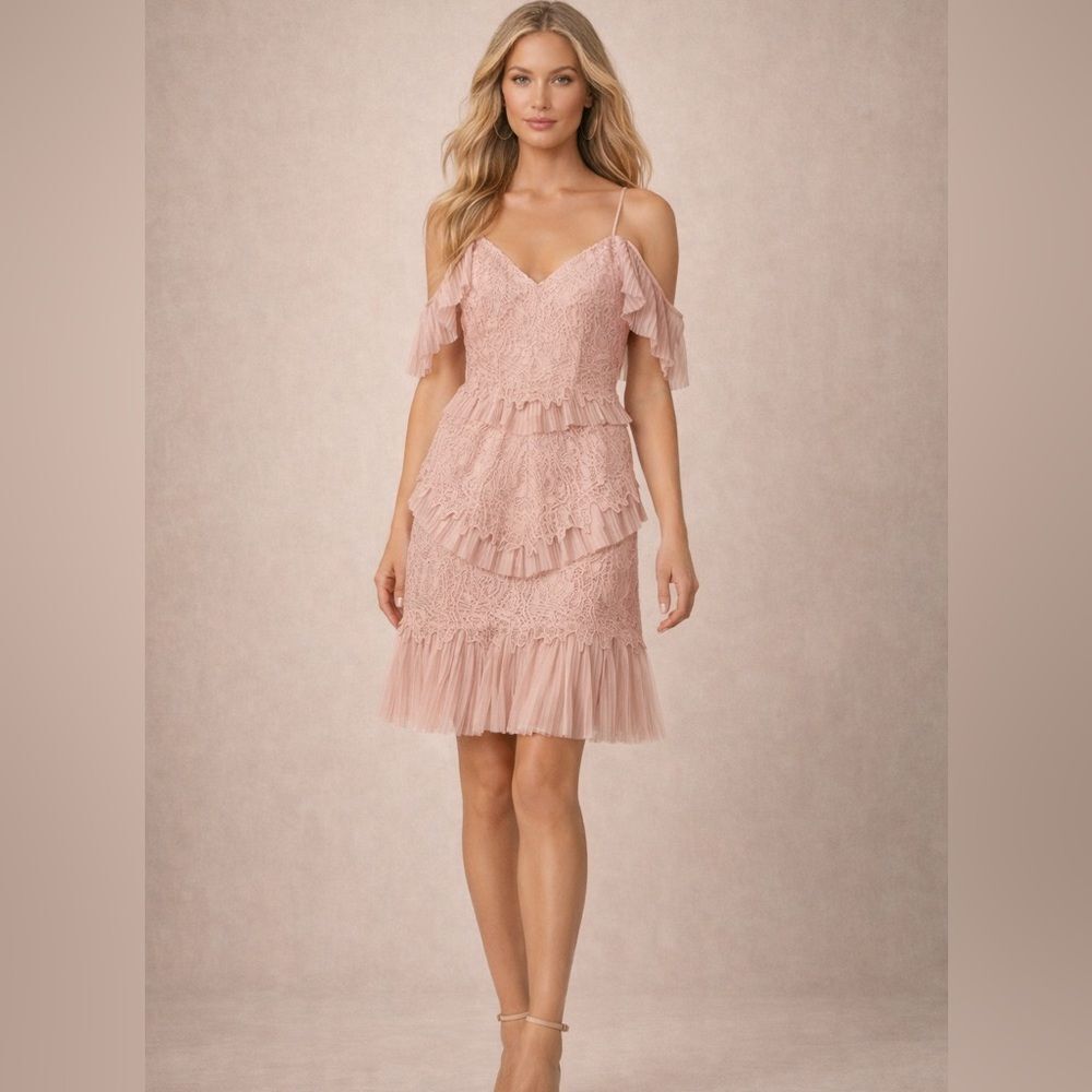 Bardot Pink Lace Tiered Ruffle Cocktail Dress Cold Shoulder Romantic Coquette 4